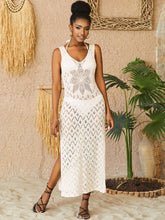 EDOLYNSA White Crochet Tunic Sexy Sleeveless Hollowing Out Dress Beach Wear Swim Suit Cover Up